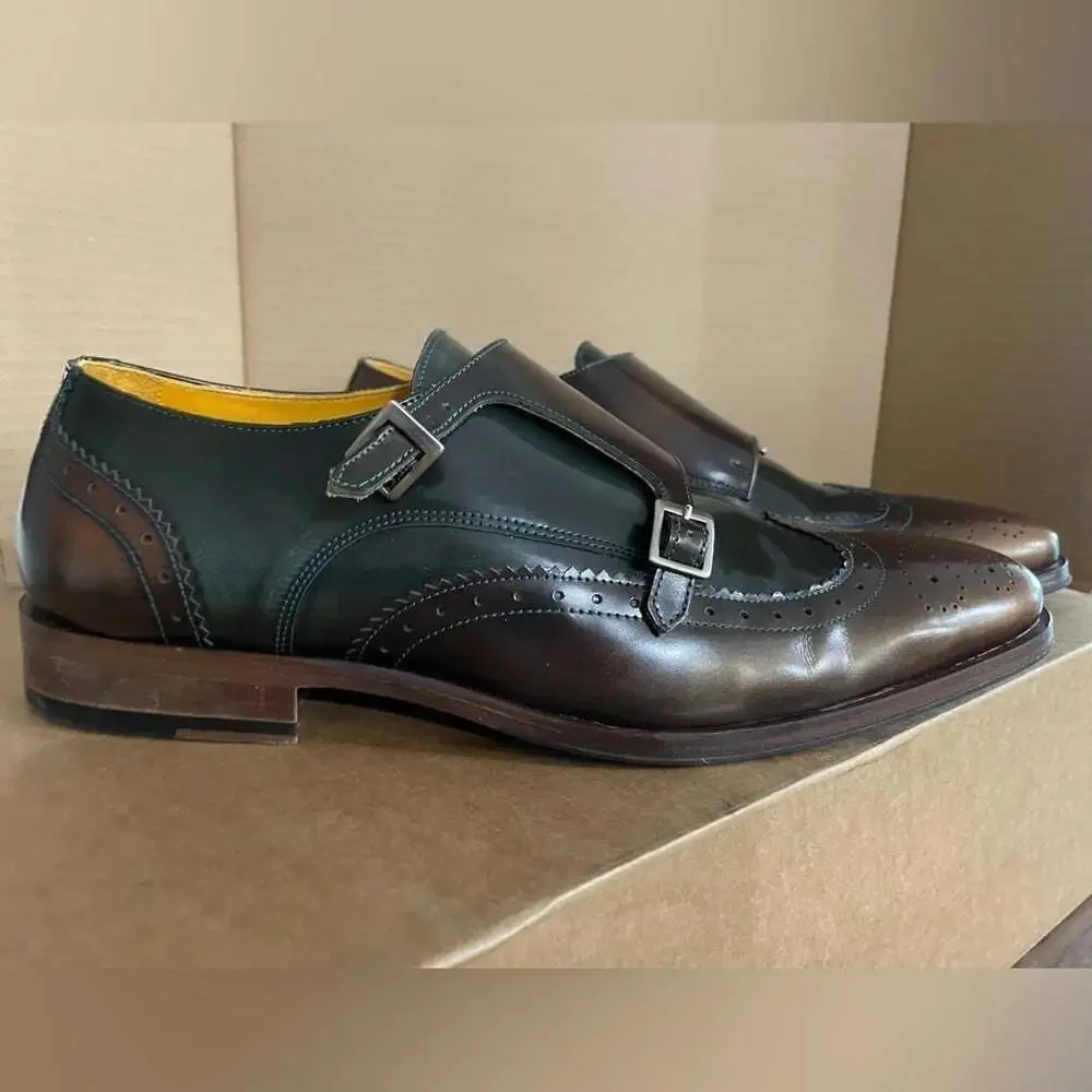 Elegant Brown and Green Men's Monk Butler Strap Oxfords